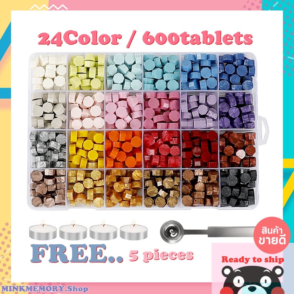 ชุดเม็ดครั่ง600เม็ด #24สี??《พร้อมส่ง》แถมฟรี!!ช้อน+เทียน?ตราปั้มจดหมายกล่องสี - รูปที่ 1