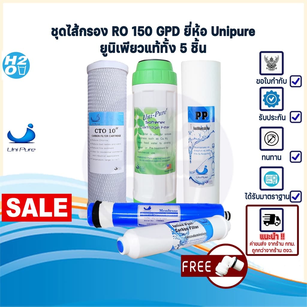 Unipure ชุดไส้กรองน้ำ Uni pure เครื่องกรองน้ำ RO 150 GPD ไส้กรองน้ำRO ยูนิเพียว ครบชุด 5ไส้ - รูปที่ 1