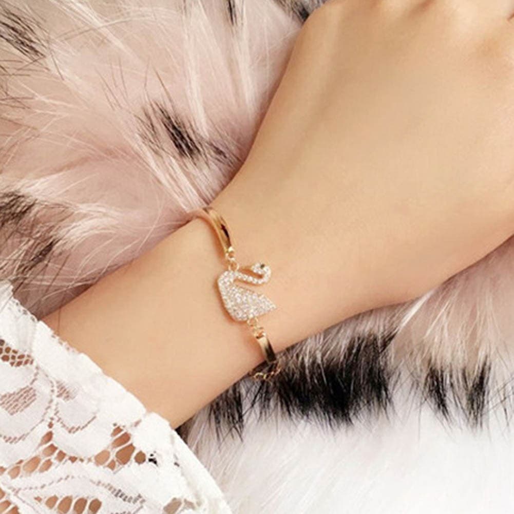 Fancyqube กำไลข้อมือ จี้หงษ์ ประดับคริสตัล พลอยเทียม แวววับ สีโรสโกลด์ สำหรับผู้หญิง - รูปที่ 1