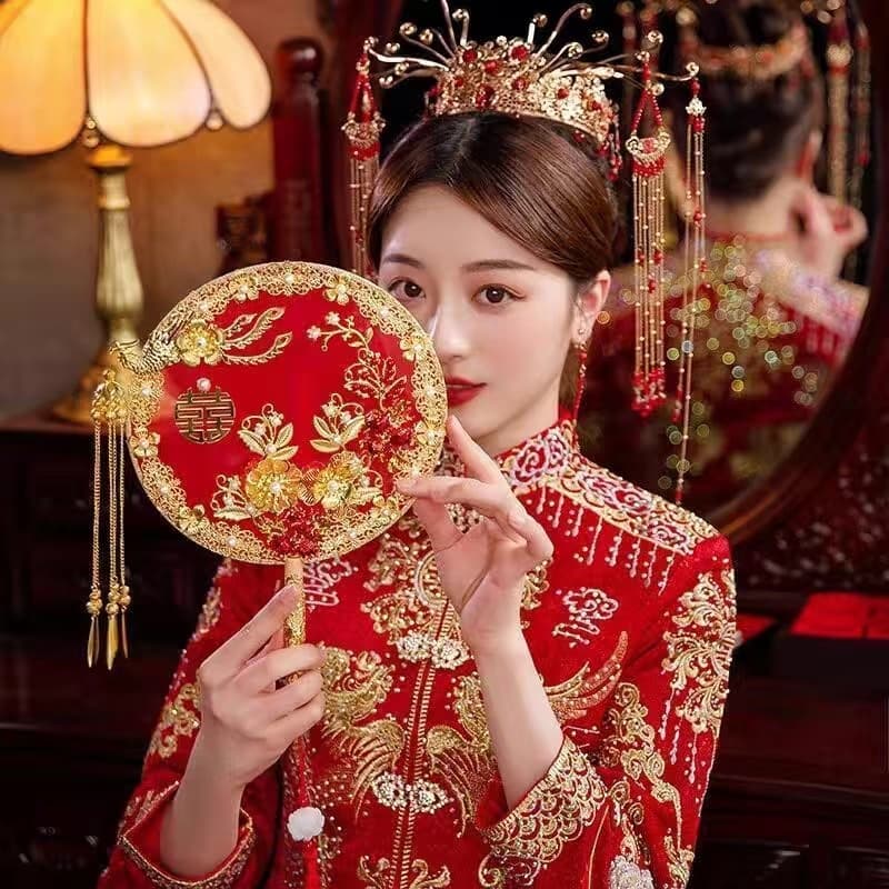 พัดจีนพัดเจ้าสาวพัดแต่งงานพัดสีแดงงานแต่งพัดลายซังฮี้ - รูปที่ 1