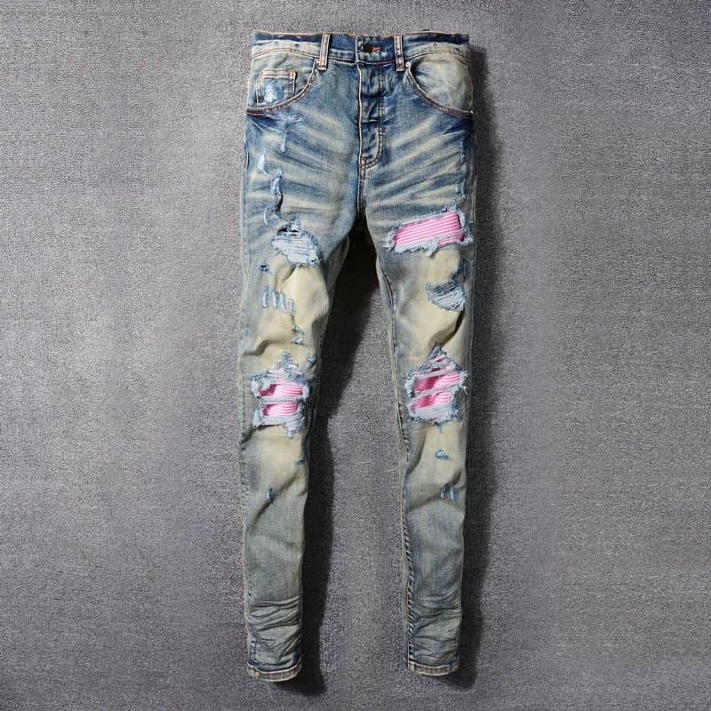 Amiri High Street Trendy Men Jeans Blue Slim Fit Perforated Pink Patch Splicing Craft Design High Quality Button Men Hip Hop Tight Jeans - รูปที่ 1