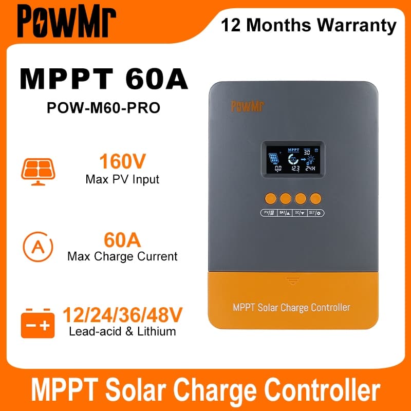 Powmr 60A MPPT ตัวควบคุมเครื่องชาร์จพลังงานแสงอาทิตย์ 12V 24V 36V 48V พร้อม Blacklight LCD Regulator สูงสุด PV อินพุต 160VDC สนับสนุนแบตเตอรี่ลิเธียม POW-M60-PRO - รูปที่ 1