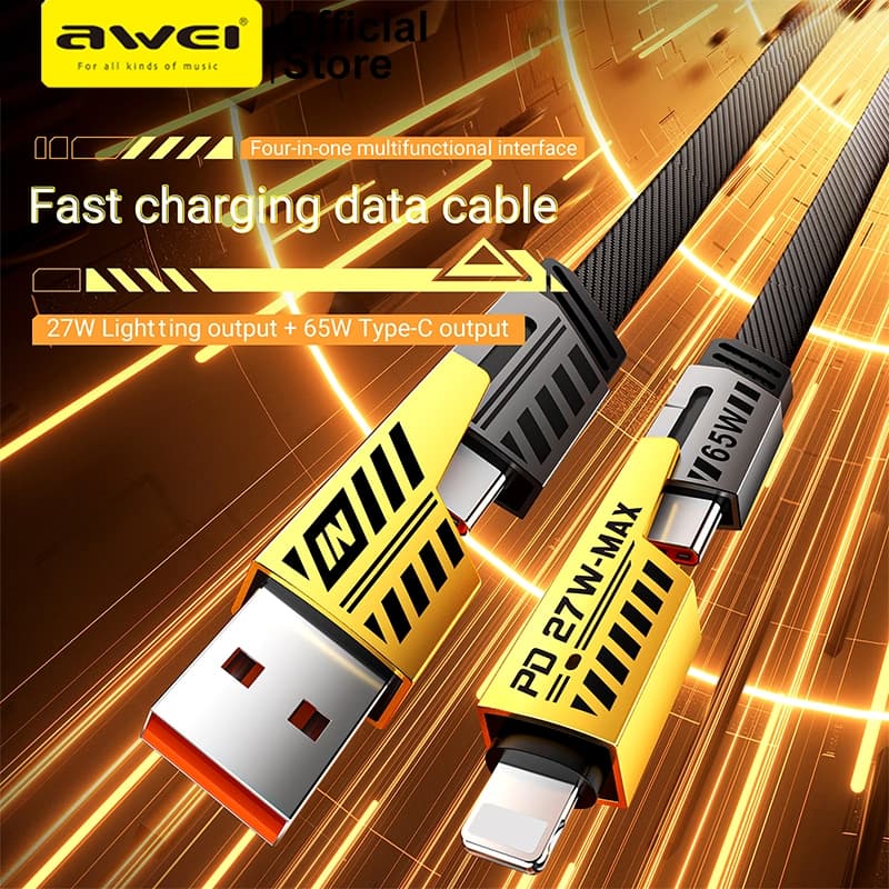 Awei 65W สายชาร์จเร็ว 4 In 1 ยาว 1M Fast Charging ถักไนลอน ทนทาน ชาร์จปลอดภัย ปกป้องมือถือ - รูปที่ 1