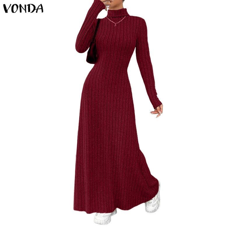 VONDA ผู้หญิงวินเทจฤดูใบไม้ร่วงฤดูหนาวอารมณ์คอยาวแขนยาว S-Type ติดตั้งชุดถัก - รูปที่ 1