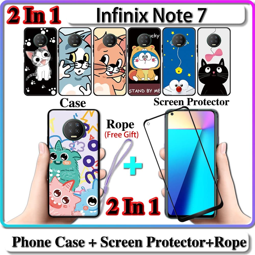 2 IN 1 เคส Infinix Note 7 พร้อมกระจกนิรภัยกันรอยหน้าจอโค้ง เซรามิค ลายแมวและโดราเอมอน - รูปที่ 1