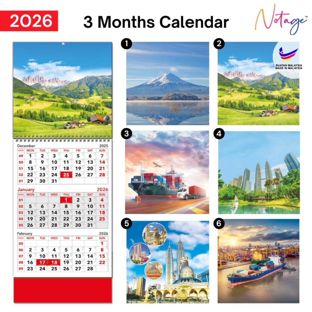 ปฏิทินติดผนัง 3 เดือน 2026 ปฏิทินฉีกมือ ปฏิทินขนาดใหญ่ 12 แผ่น Wire-O Bind Shipping Header แขวน Kalendar - รูปที่ 1