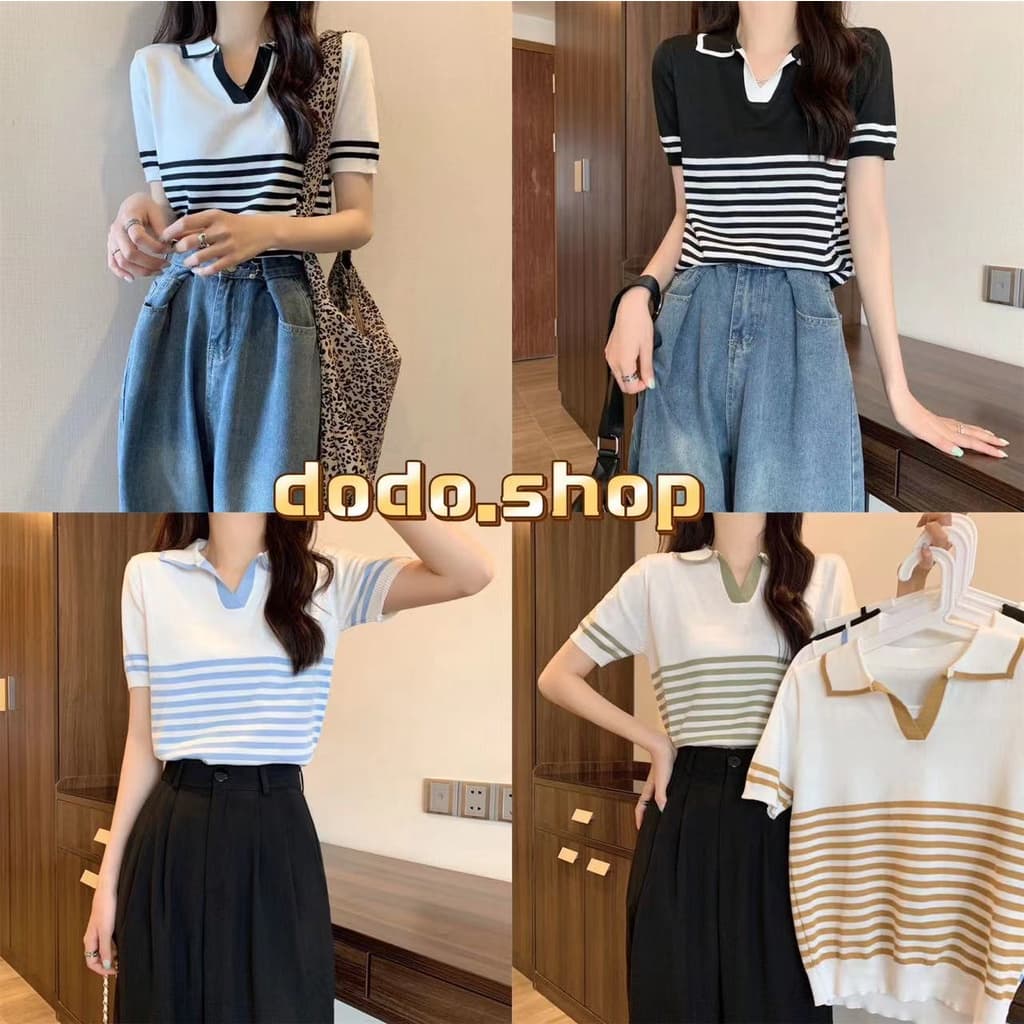 [DODO] พร้อมส่ง? | เสื้อยืดคอวีคอปก ลายขวาง โทนสีสุภาพน่ารัก ?(70112) - รูปที่ 1