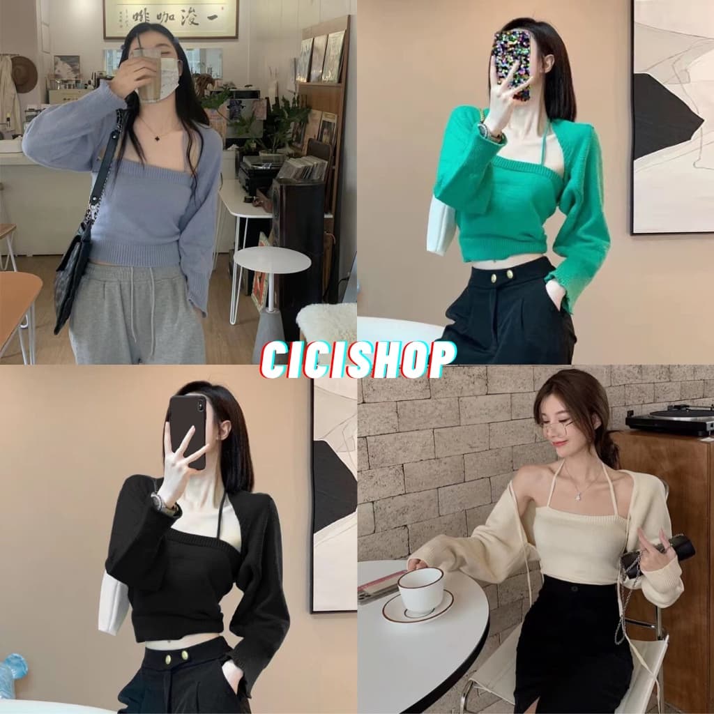 Cicishop(Z1047)Set 2 ชิ้น สายเดี่ยว+เสื้อคลุมไหมพรมดีเทลแสนเก๋ แมชได้ทุกลุคแบบต๊าช！ - รูปที่ 1