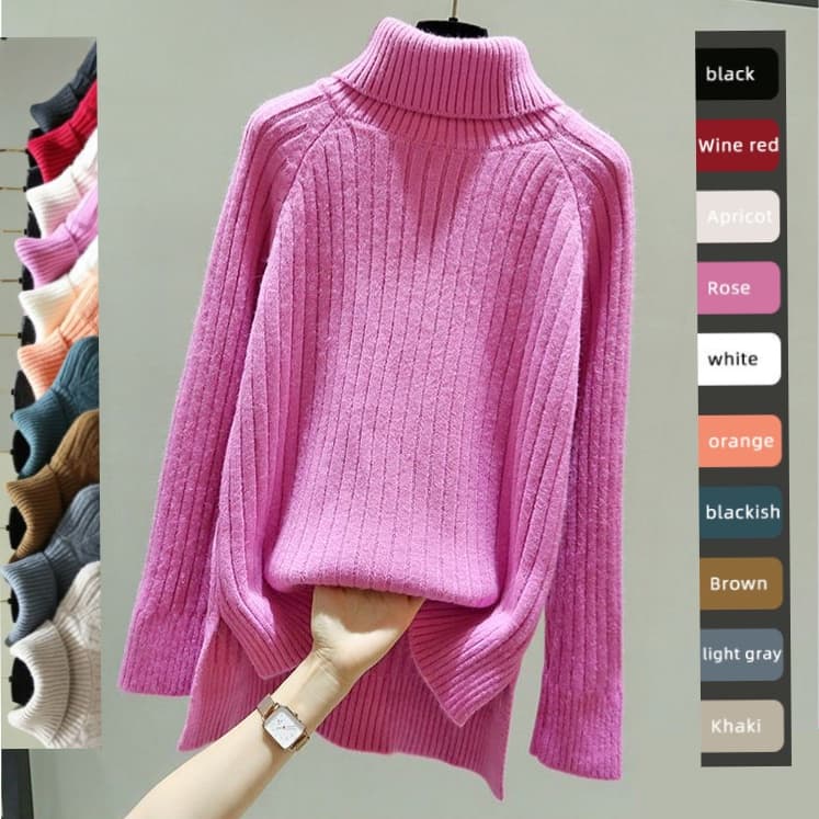 เสื้อแขนยาว คอเต่า ลําลอง ทรงหลวม แบบหนา สีพื้น - รูปที่ 1