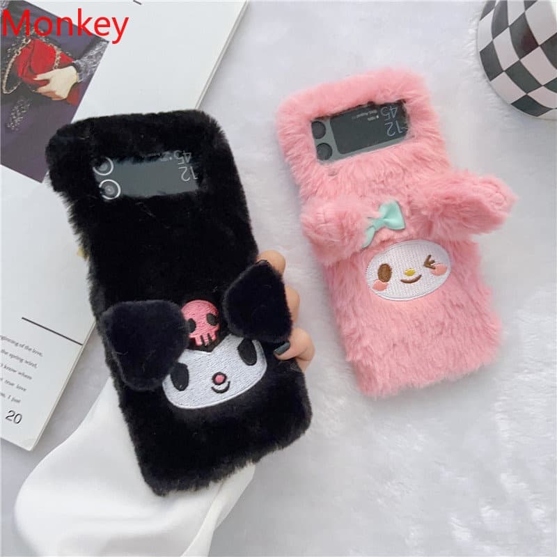 น่ารัก Plush Kuromi 3D การ์ตูนเคสโทรศัพท์สําหรับ Samsung Z Flip 1 2 3 4 5 6 7 5G Zflip3 Fluffy Warm PC Hard ครอบคลุมสาวสําหรับ Galaxy Z Flip3 - รูปที่ 1
