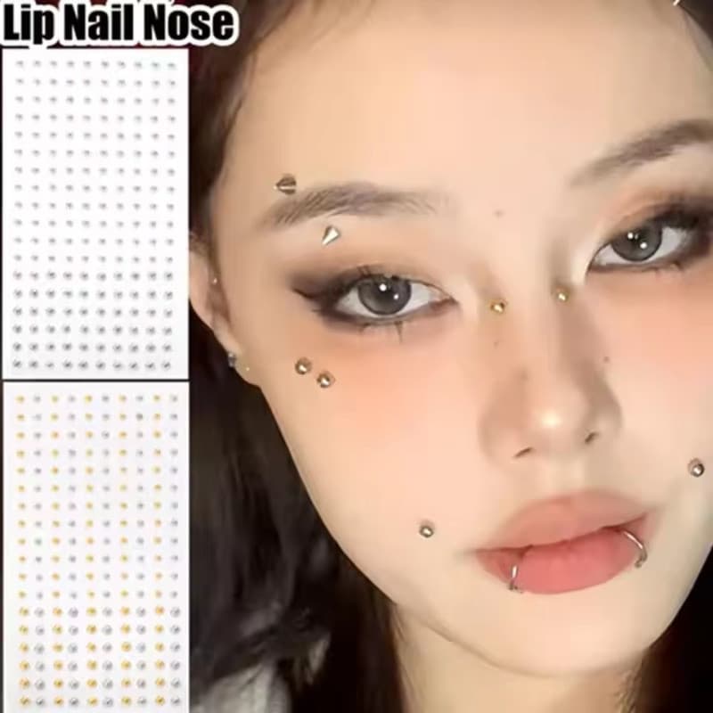 1/2 ชิ้นชุบโลหะ Sliver สีเพชร Lip Stud สติกเกอร์ - สําหรับคิ้วจมูกหู Face Body - Non Piercied, Self กาว, กันน้ํา - Diy แต่งหน้า Decor - Rhinestones แหวนจมูก - รูปที่ 1