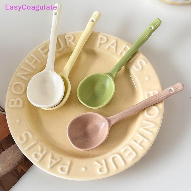 Eas Candy สียาวเซรามิคเรียบง่ายไม่สม่ําเสมอขนมหวานช้อนซุปช้อนส้อมแบบพกพาเครื่องครัวอุปกรณ์ Ate - รูปที่ 1
