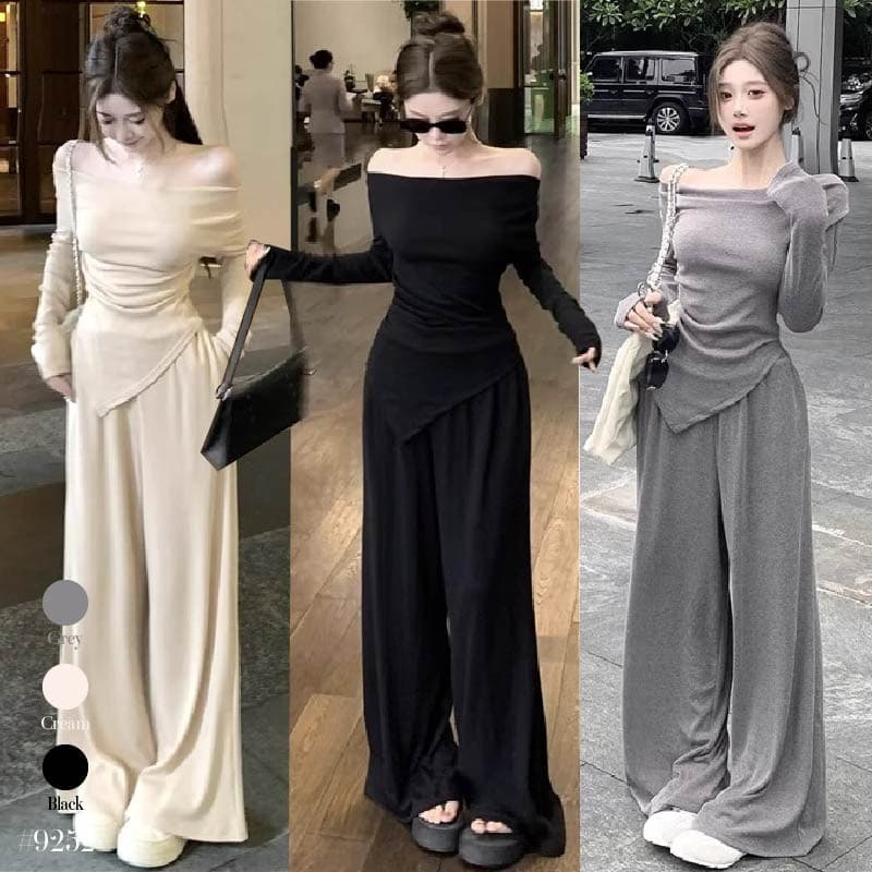 เสื้อยืดแขนยาวผู้หญิง สีดำ เซ็ต2ชิ้น คอถ่วง จับจีบเอว ชายเสื้อแหลม+กางเกงขายาวยางยืด กระเป๋า2ข้าง #9252 - รูปที่ 1