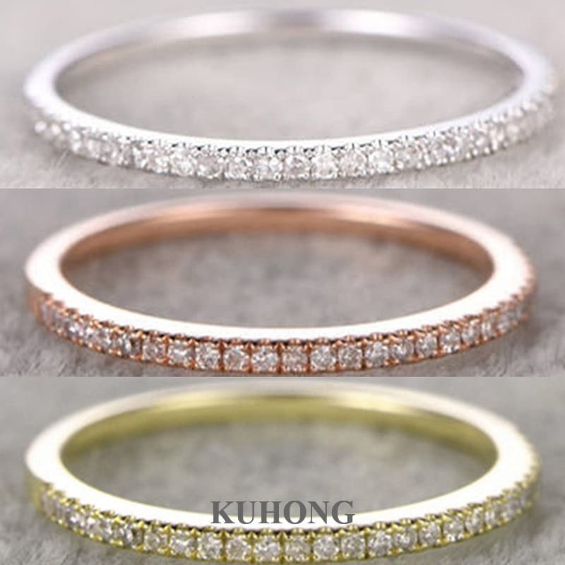 Kuhong แหวนเพชร แถวเดียว สีทอง สีเงิน สีโรสโกลด์ แฟชั่นเรียบง่าย สําหรับผู้หญิง - รูปที่ 1