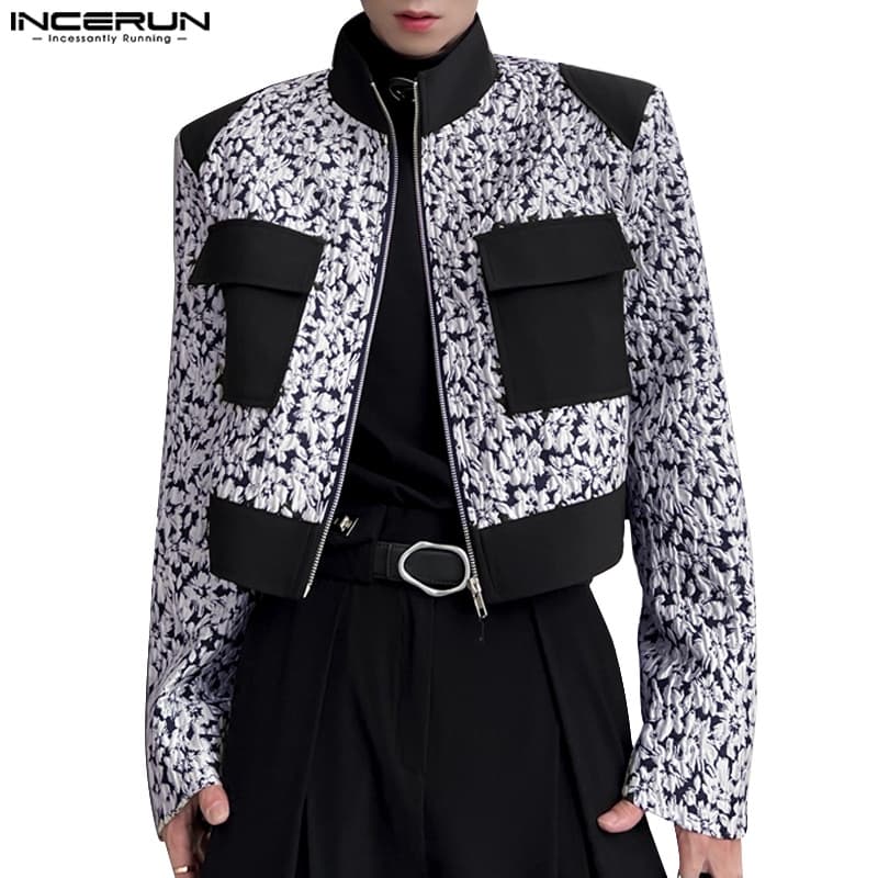 Incerun เสื้อแจ็กเก็ตแขนสั้น ลายดอกไม้ สไตล์สตรีท สําหรับผู้ชาย - รูปที่ 1
