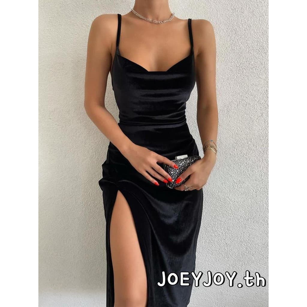 Joeyjoy-เดรสสายสะพายไหล่บางแขนกุดสําหรับผู้หญิงพร้อมกรีดสูงพับชุดเดรสปาร์ตี้ฤดูร้อน - รูปที่ 1