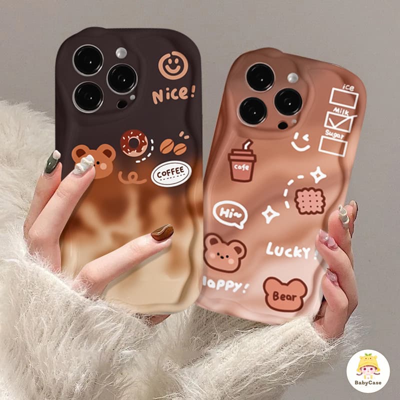 เคสโทรศัพท์มือถือ ขอบโค้ง ลายหมีกาแฟ ไล่โทนสี สําหรับ iPhone 15 11 13 12 14 Pro Max 7Plus XR X XS Max 7 8 Plus 12 mini - รูปที่ 1