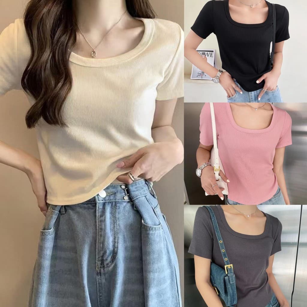 cherryshop ?พร้อมส่ง เสื้อยืดแขนสั้นผ้าไหมน้ำแข็งผู้หญิง เสื้อยืดสีทึบสไตล์เกาหลีทรงเข้ารูปและใช้งานได้หลากหลาย - รูปที่ 1