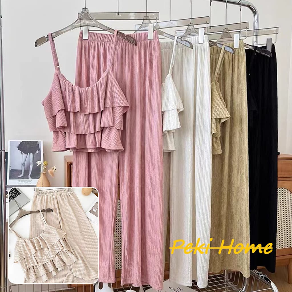 เสื้อสายรัดสีพื้น ตกแต่งด้วยลายใบไม้ พร้อมกับกางเกงขาเดฟ สำหรับสาวๆ ในฤดูร้อน - รูปที่ 1