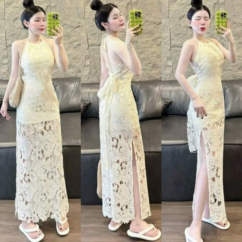 ลูกไม้ แมกซี่ ชุดไปทะเล เดรสยาวคอผ่าลูกไม้ลายดอกไม้สุดหรูผูกโบว์เปลือยหลังเหมาะกับชายหาด - รูปที่ 1
