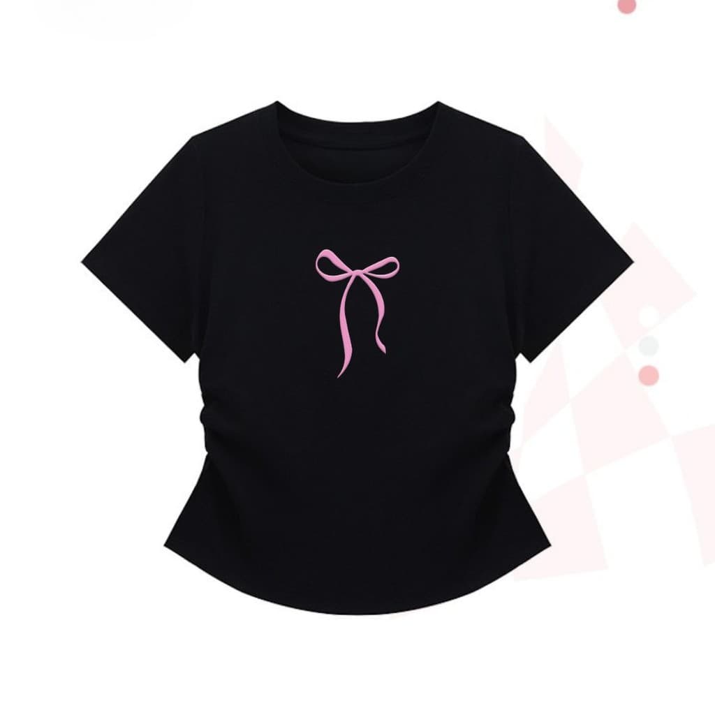 【My-T】?เสื้อโบว์ เสื้อชมพู crop top ทรงสวย ใส่แล้วพรางหุ่น เอวคอดสุด แต่งย่นข้าง รุ่น เสื้อ baby tee“BOW” - รูปที่ 1