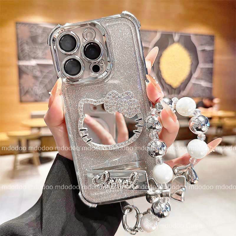 เคส for iPhone 16 Pro Max 15 14 11 13 Pro 12 MINI XS XR 16Plus 15Plus 14plus 16Promax 15Promax 14Promax 13Promax 16Pro Luxury Cartoon Matte Kitty Diamond Makeup mirror Flash drill Stand Lens Protection Soft Phone Case Pearl Strap Back Cover JD 06 - รูปที่ 1