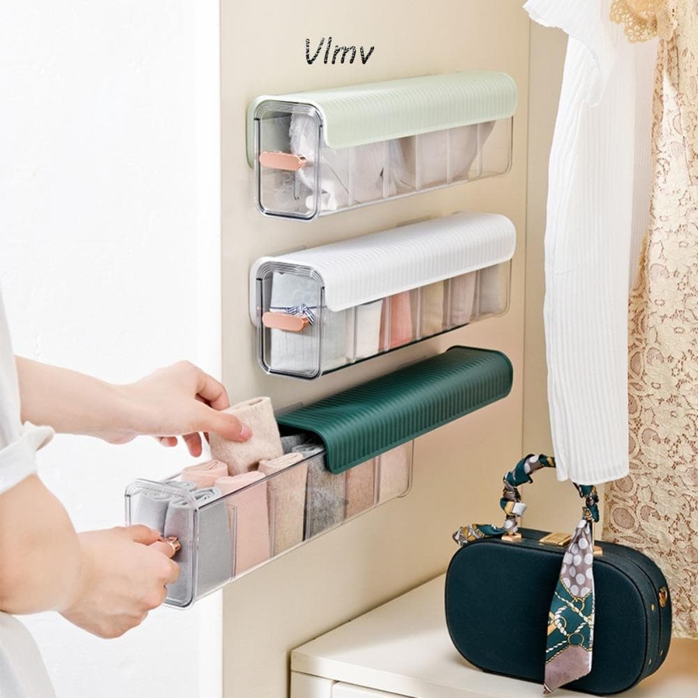 Vlmv กล่องเก็บชุดชั้นใน, กาวด้วยตนเอง 6 กริดกล่องเก็บของเบ็ดเตล็ด, ความจุขนาดใหญ่กันฝุ่นสไตล์เรียบง่ายกางเกงถุงเท้าออแกไนเ - รูปที่ 1