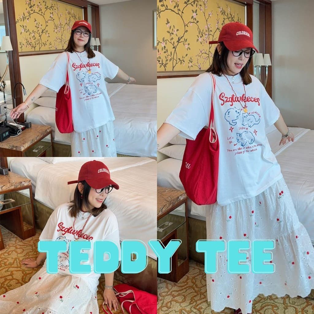 Teddy Tee ? ชุดสาวอวบ ผ้าฝ้าย100% สวมใส่สบาย สาวอวบ เสื้อยืด oversize ยืดได้ ลาย "SZGTWKECES CAT" แฟชั่น สไตล์ลำลอง - รูปที่ 1