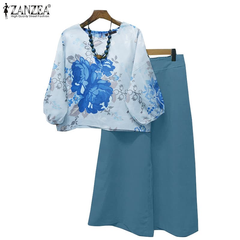 ZANZEA ใส่ ซานเซีย ผู้หญิงวินเทจยืดหยุ่นข้อมือ3/4แขนกระเป๋าด้านข้างท็อปส์กางเกง - รูปที่ 1