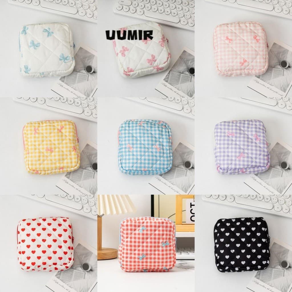 Uumir Coquette กระเป๋าแต่งหน้า, Puffy Travel Quilted กระเป๋าเครื่องสําอาง, กระเป๋าเก็บเครื่องสําอางลายโบว์หัวใจผ้าฝ้าย - รูปที่ 1