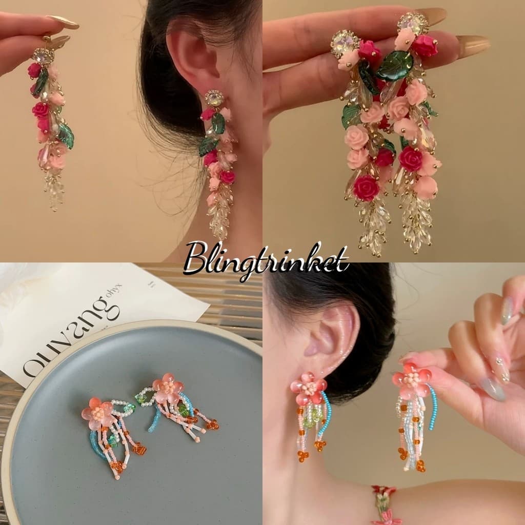BlingTrinket ?? ต่างหู จี้ดอกไม้โดพามีน ลูกปัดหลากสีสัน คุณภาพสูง แฟชั่นหวานๆ ต่างหูดอกไม้สวยๆ - รูปที่ 1