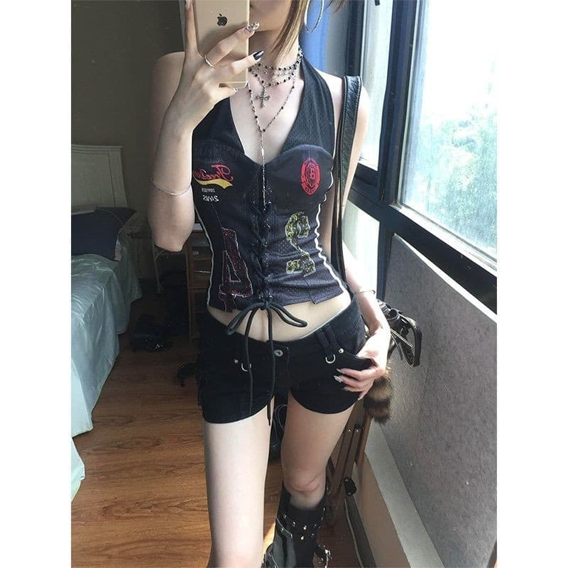 เสื้อกั๊กลายอเมริกันเรโทร สายเดี่ยว ยีนส์ สไตล์ slim-fit สำหรับฤดูร้อน - รูปที่ 1