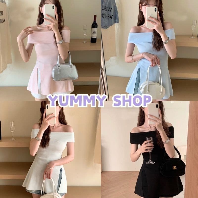 ?Yummy Shop?พร้อมส่ง【792】ผ้าใส่สบาย เสื้อสเวตเตอร์เปิดไหล่เซ็กซี่ แขนสั้นผู้หญิง ผ่าข้าง เสื้อปาดไหล สีสันสดใจ ยืดได้เยอ - รูปที่ 1