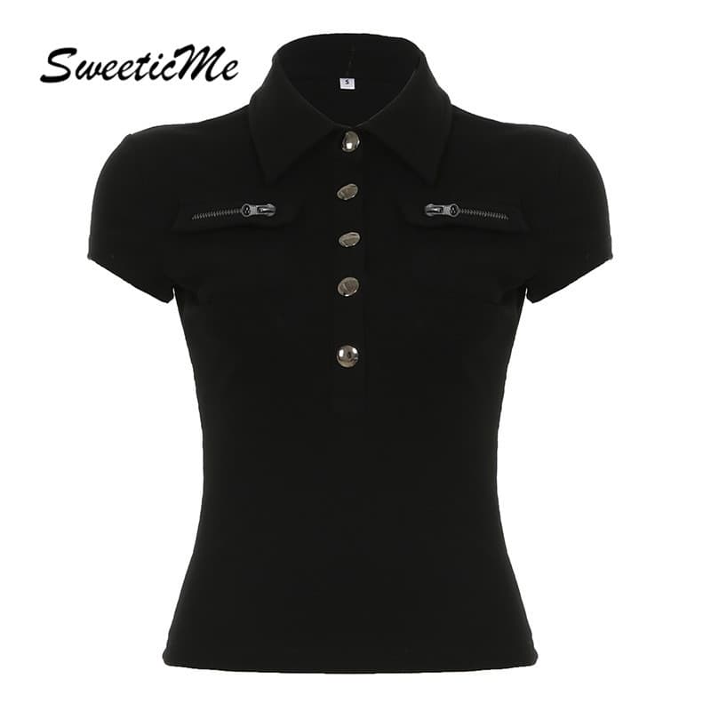 SweeticMe Womens 2025 ใหม่แฟชั่นสีทึบ Slim Fit แขนสั้น All Match เสื้อโปโล - รูปที่ 1