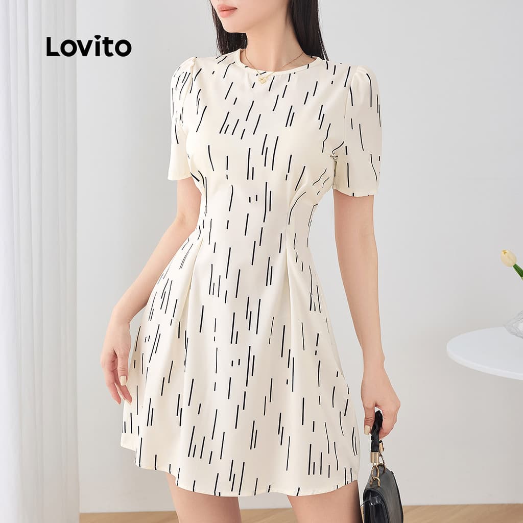 Lovito ชุดเดรสลายจีบเดรปทรงเรขาคณิตแบบลําลองสําหรับผู้หญิง L129AD1068 - รูปที่ 1