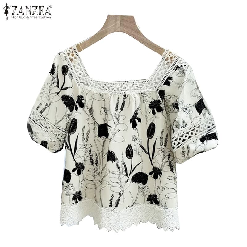 ZANZEA ซานเซีย ผู้หญิงเกาหลีลําลองคอสี่เหลี่ยมแขนฟองดอกไม้เสื้อหลวม - รูปที่ 1