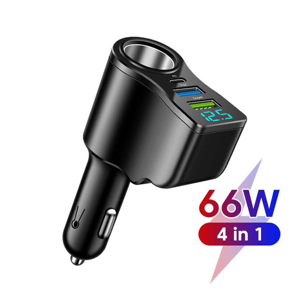 Twitch M10 66W Super Fast Charging Car Charger 3 พอร์ต 2 USB 1 Type C ไฟแช็กอะแดปเตอร์ชาร์จโทรศัพท์มือถือในรถยนต์ - รูปที่ 1