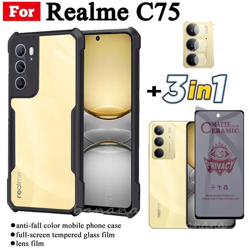 3 in 1 Realme C75 เคสโทรศัพท์กันกระแทกสําหรับRealme C63 C61 C 75 Anti SpyเซรามิคMatteความเป็นส่วนตัวกระจกนิรภัย - รูปที่ 1