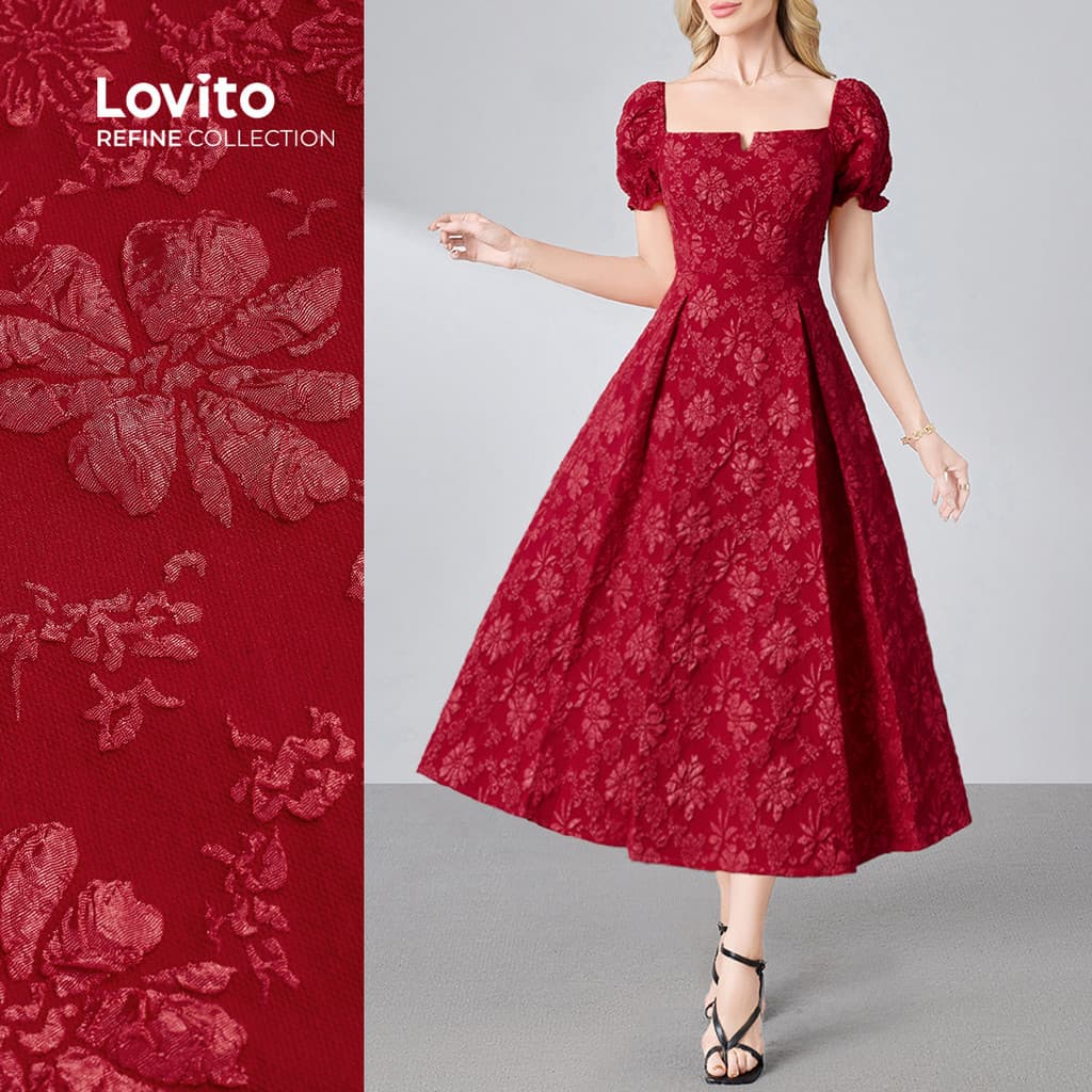 (Lovito Refine) เดรสระดับพรีเมียมสวยงาม มีซิปเปอร์และรอยพับ มùaฝรั่งใบไม้ผลิ/ร้อน เดรสสีแดงวันคริสต์มาสสำหรับหญิง LR23L063 - รูปที่ 1