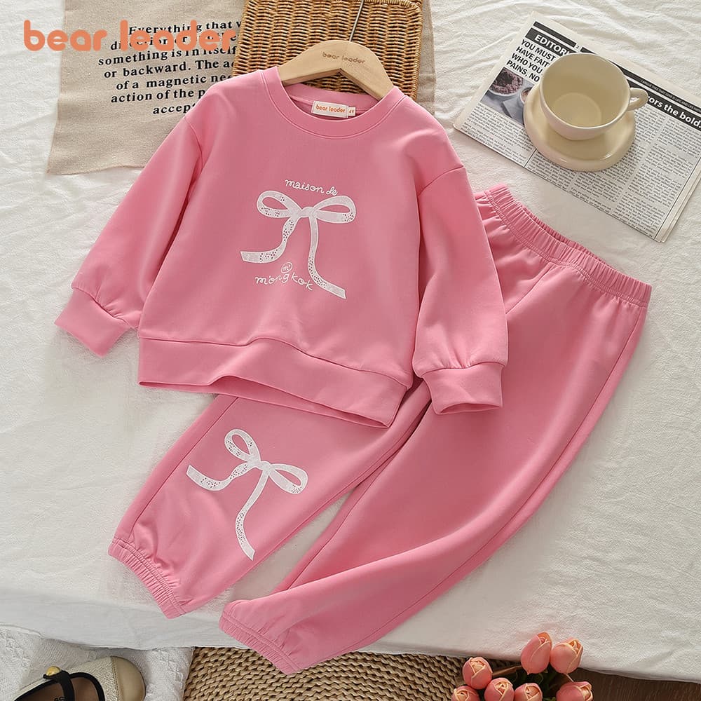 ชุดสองชิ้นลายหมีสีชมพู แขนยาวเสื้อสวมหัวและกางเกง ออกแบบสำหรับฤดูใบไม้ผลิและใบไม้ร่วง - รูปที่ 1