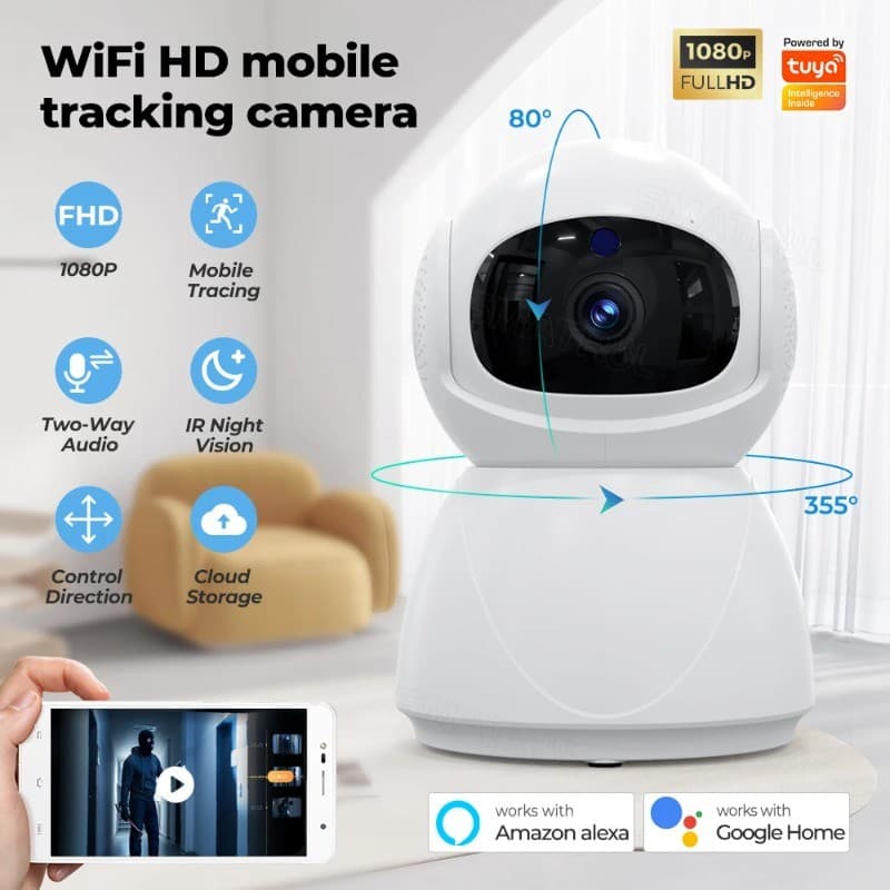 Tuya สมาร์ท 1080P FHD กล้องวงจรปิดกล้อง AI การติดตามอัตโนมัติ PIR Motion Human Detection กล้องสองทางเสียงทํางานร่วมกับ Alexa Google Home - รูปที่ 1