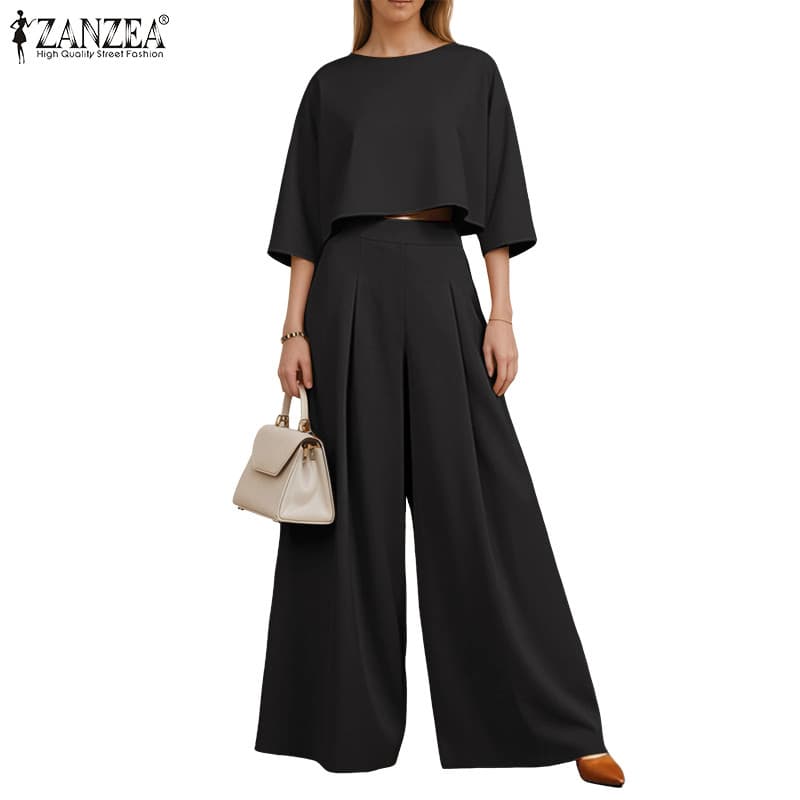 ZANZEA ชุดทำงานสำหรับผู้หญิง แขน3/4และเอวสูง กางเกงขากว้าง เหมาะสำหรับออฟฟิศ - รูปที่ 1