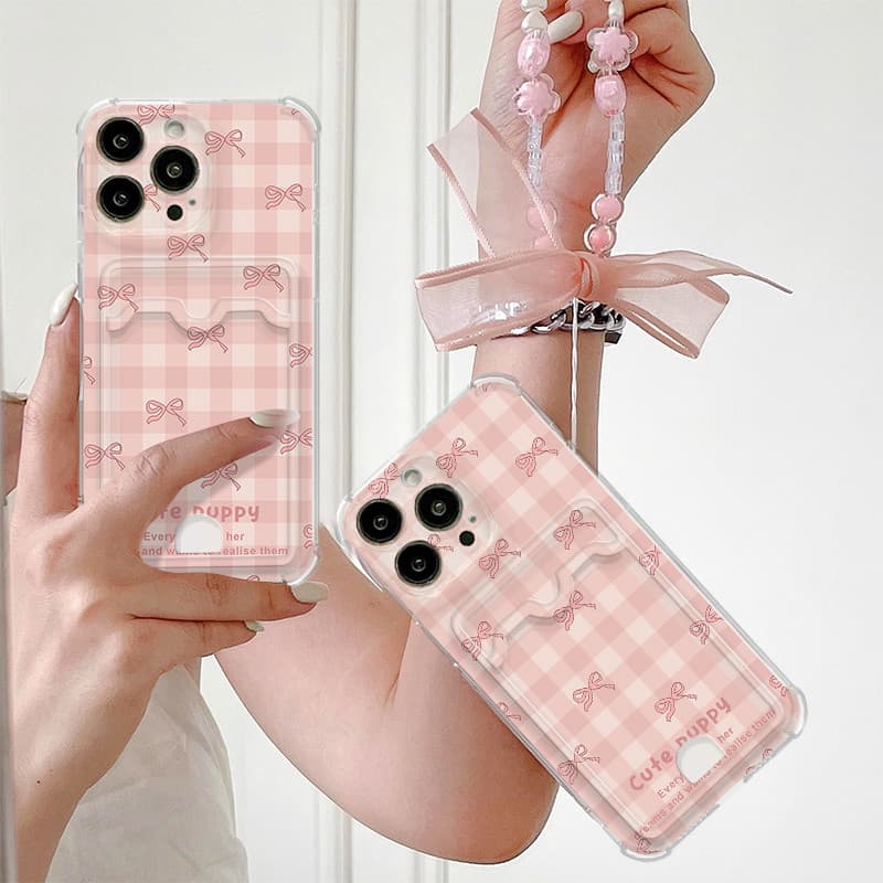SAMSUNG แฟชั่นสีชมพูตารางBowknotสร้อยข้อมือเคสโทรศัพท์สําหรับSamsung Galaxy A20S A23 A22 A31 A32 A34 A35 A30S A50S A51 A52S A53 A54 A55 A70 A71 A72 A73 ฝาหลังสล็อตTPU - รูปที่ 1