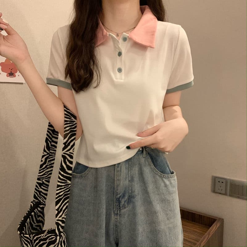 ใหม่ เสื้อยืดโปโล แขนสั้น สีขาว สีตัดกัน สําหรับผู้หญิง - รูปที่ 1