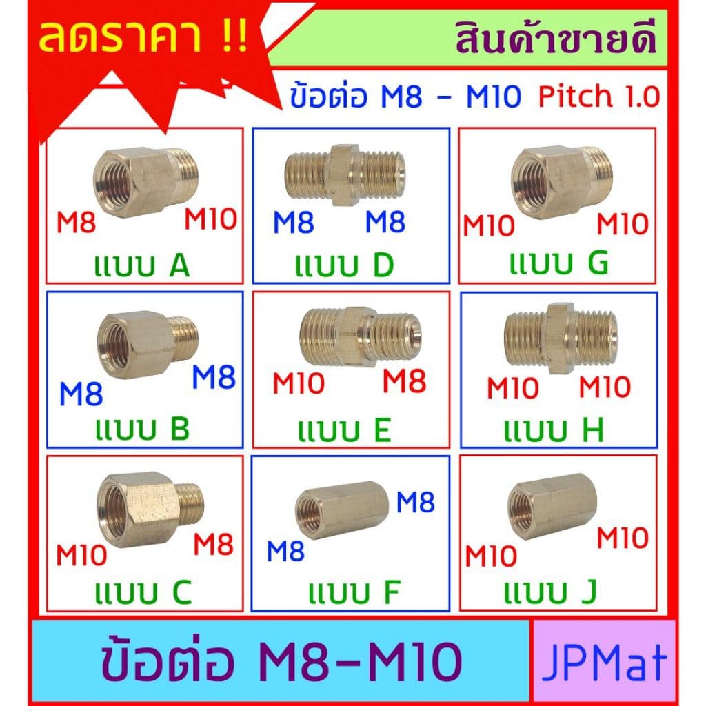 ข้อต่อข้อต่อทองเหลือง ขนาด M8 - M10 ระยะพิทเกลียว 1.0มม มี 9 แบบให้เลือก ต้องการแบบอื่นกดดูในร้านเลยครับ - รูปที่ 1