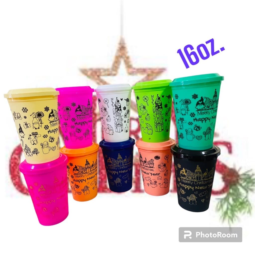 แก้ว 16 oz pp แข็ง สกรีนลาย  Merry Christmas  พร้อมฝาเรียบแข็ง คละสี  รหัส K-16/k/90 - รูปที่ 1