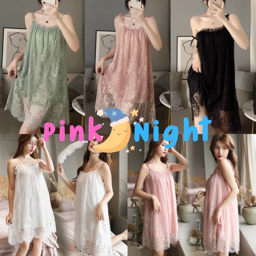 PINK NIGHT เดรสชุดนอน ชุดนอนบางๆ ชุดนอนสวยๆ ชุดนอนผู้หญิง ?ชุดนอนลูกไม้ สายเดี่ยว มี 4 สี พร้อมส่ง P-242 - รูปที่ 1