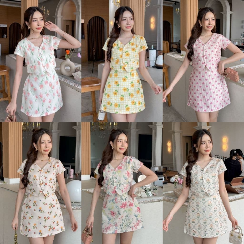 V3(S-3XL) ชุดเซ็ทเสื้อและกระโปรงสั้นลายดอกน่ารัก - รูปที่ 1