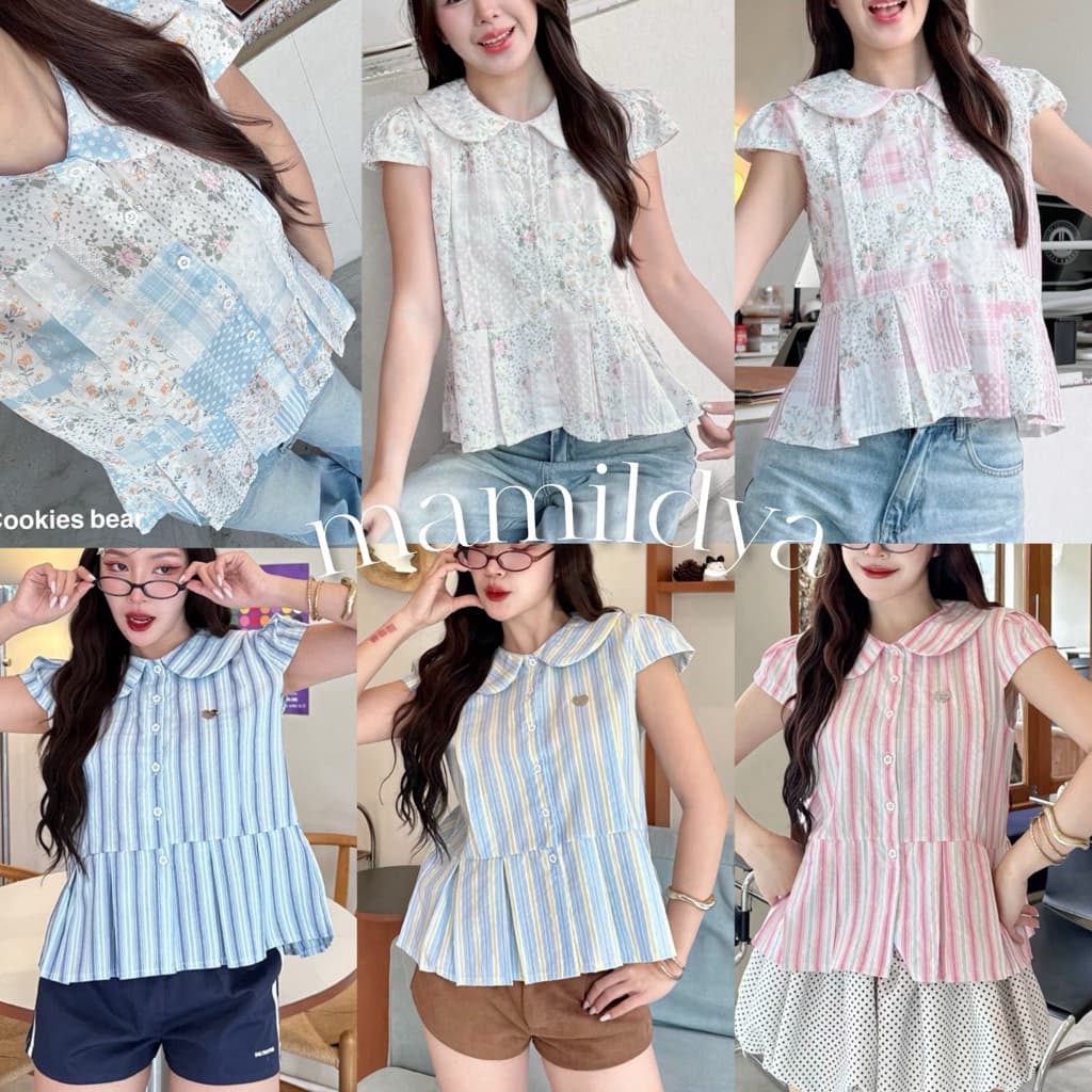 ?Mamildya.shop? เสื้อเชิ้ตคอบัวผ้าคอตตอนลายริ้วทรงใหม่ ตีเกล็ดด้านหน้า/F1-3 /COOK-ครึ่ง⚫ - รูปที่ 1