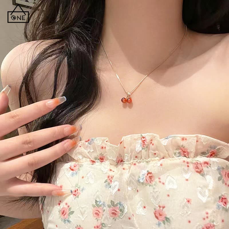 COD❤️สร้อยคอจี้เชอร์รี่สีแดงวินเทจแฟชั่นสไตล์เกาหลีโซ่ไหปลาร้าระดับไฮเอนด์เครื่องประดับผู้หญิง-a.one - รูปที่ 1